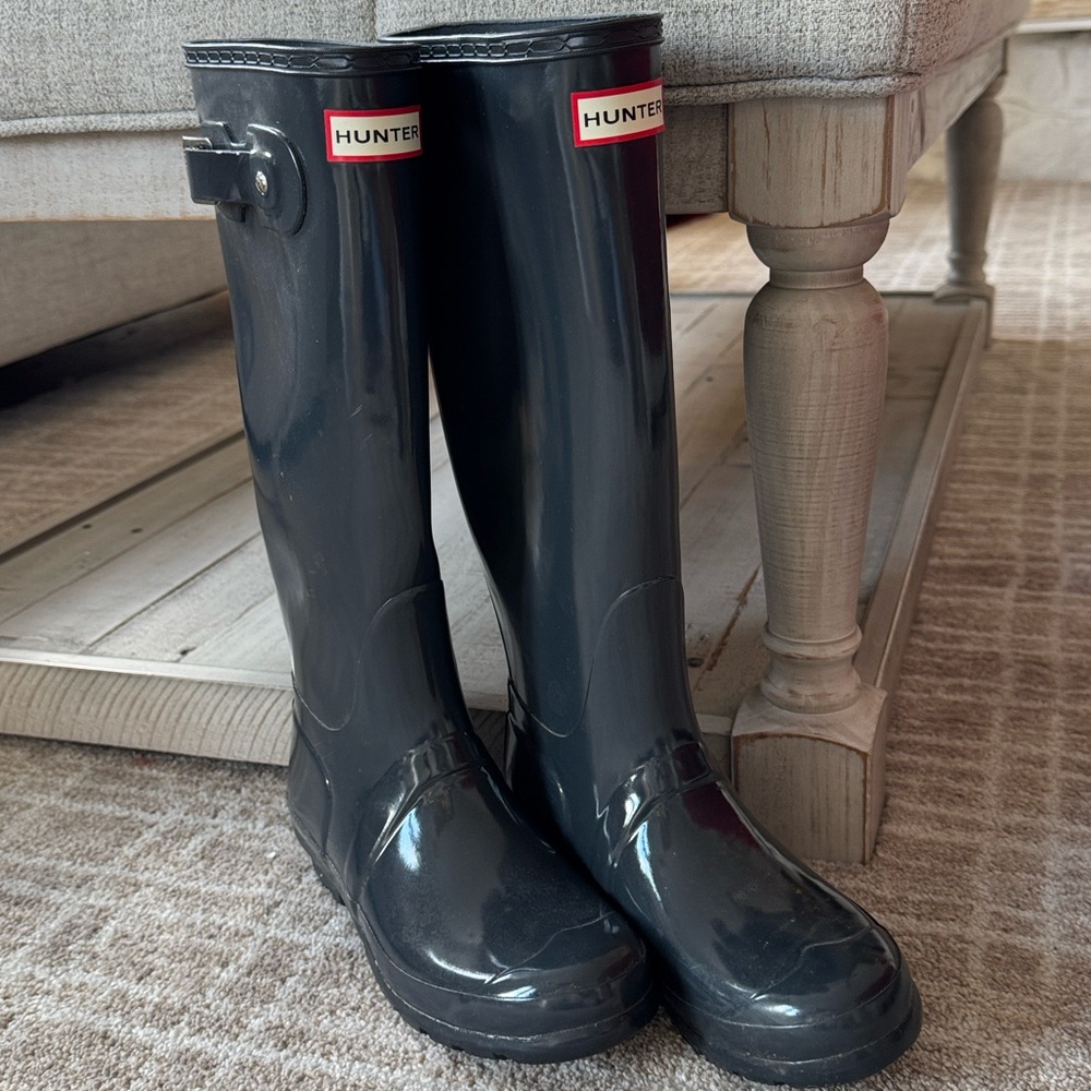 Hunter Tall Gloss rain boots Wellies rubber graphite deep slate gray blue 38 7